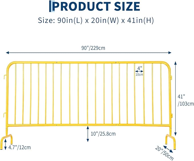 Interlocking Steel Barricade, 7.5 Ft. Heavy Duty Galvanized Metal Barricade, Interlocking Steel Road Barriers with with Bridge Feet Base, for Crowd Control Event Fencing Indoor/Outdoor, Yellow