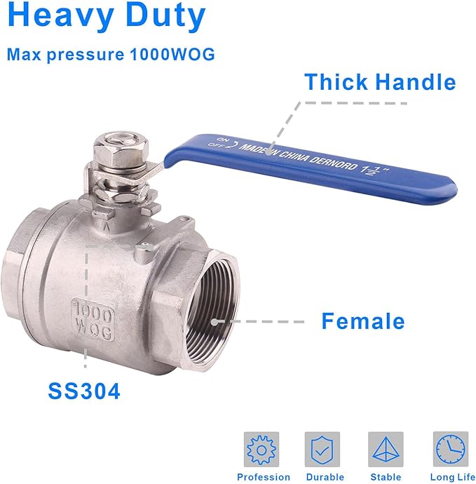 DERNORD Ball Valve Stainless Steel 304 1-1/2" NPT Heavy Duty for Water, Oil, and Gas with Blue Locking Handles (Pack of 2)
