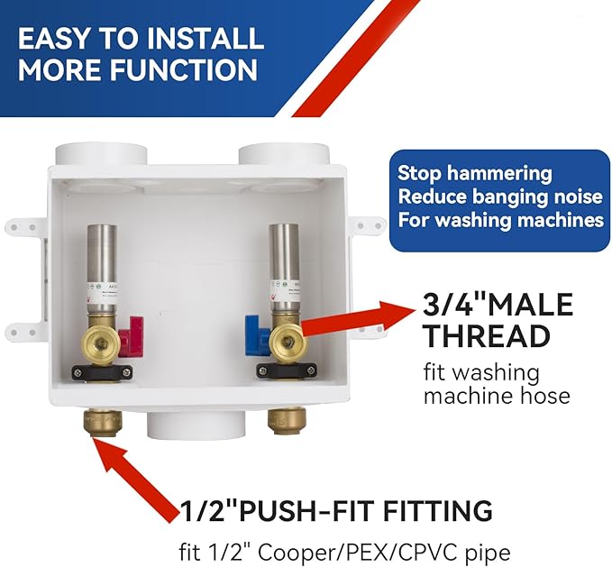 Washing Machine Outlet Box with Water Hammer Arrestor,1/2 Inch Push-fit Inlet Connection,3/4 Inch MHT Outlet Male Thread Connection, PEX Box with Center Drain, with 1/4-Turn Ball Valve
