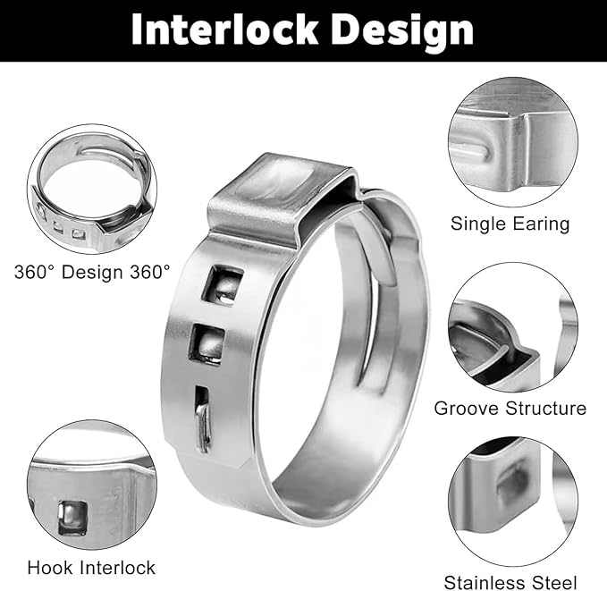 50 Pack 1/2 Inch PEX Cinch Clamp Rings, Stainless Steel Crimp Pinch Ring Clamps for PEX Tubing Pipe Fitting Connections