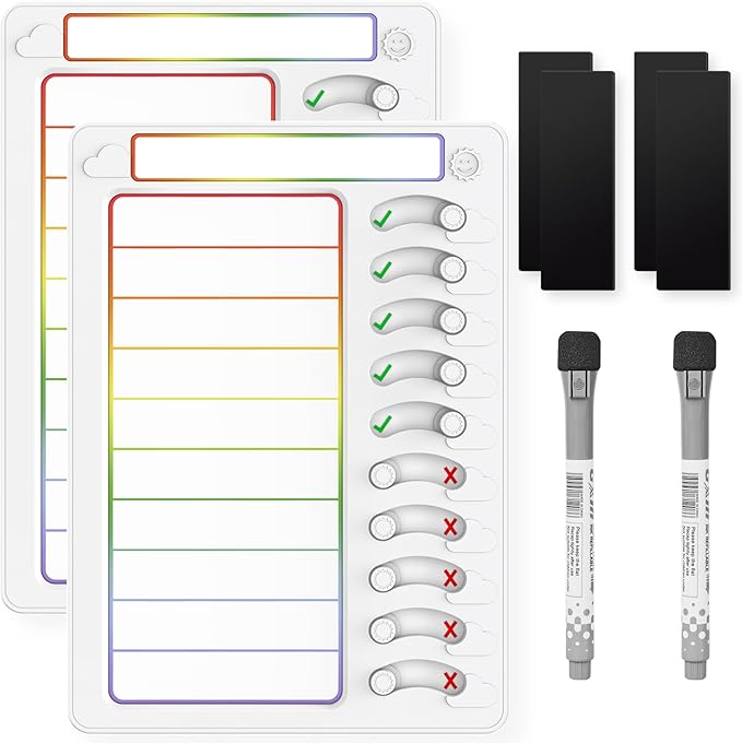 Chore Chart for Kids Dry Erase Chore Board ADHD Tools for Kids to Do List Checklist Task Board Routine Chart Planning Board for Fridge with 10 Sliders and Magnetic Marker, White and Rainbow, 2 Pack