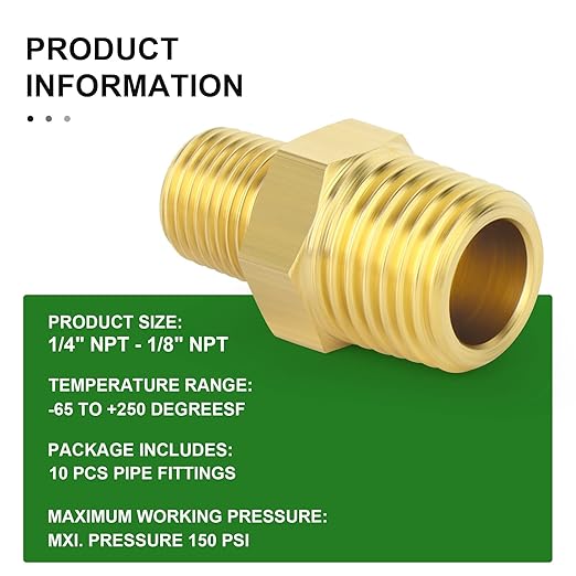 TAISHER 10PCS Brass Pipe Fitting, Reducer Adapter, Hex Nipple, 1/4-Inch Male Pipe x 1/8-Inch Male Pipe