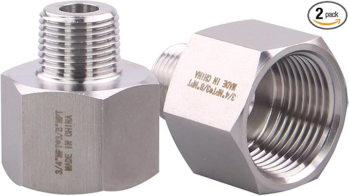 Forged Reducer Adapter Fitting - Stainless Steel 304 Reducing Pipe Connector, 3/4" NPT Female x 3/8" NPT Male (pack of 2)