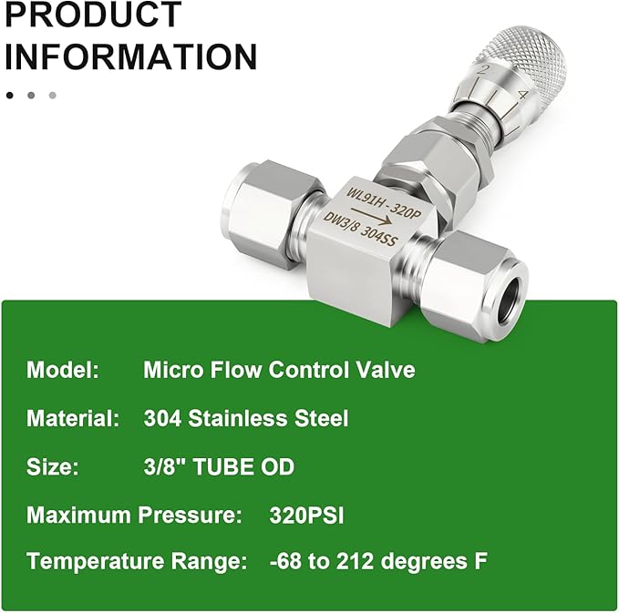 TAISHER 1PCS 304 Stainless Steel Reduce Port 3mm Needle Valve 3/8" OD，Accurate Dials For Micro Flow Control Instrument Gauge Water Gas Oil