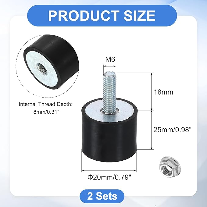 uxcell M6 Rubber Mounts, 2Pcs 24x20mm(DxH) Rubber Cylindrical Anti Vibration Isolator Shock Absorber with Lock Nut for Car Bobbin Generator Air Compressors