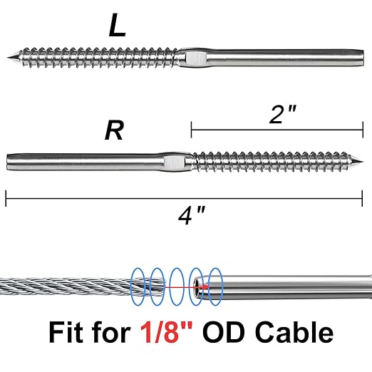 Steel DN Mate T316 Stainless Steel Right&Left Handed Thread Swage Lag Screws for Wood Post of 1/8" Cable Railing Kit, 6 Pack Deck Railing Hardware/Stair Deck Railing, DIY Wood Baluster Kit DM03