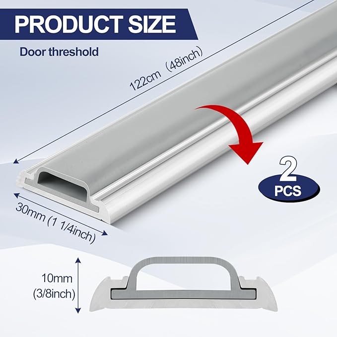 Tandefio 2 Pcs 48" L Aluminum Threshold or Door Bottom with Vinyl Seal 1-1/4"W x 3/8" H Mini Threshold Door for Interior Exterior Fluted Doorway Floor Transition Seal Strip Weatherproof
