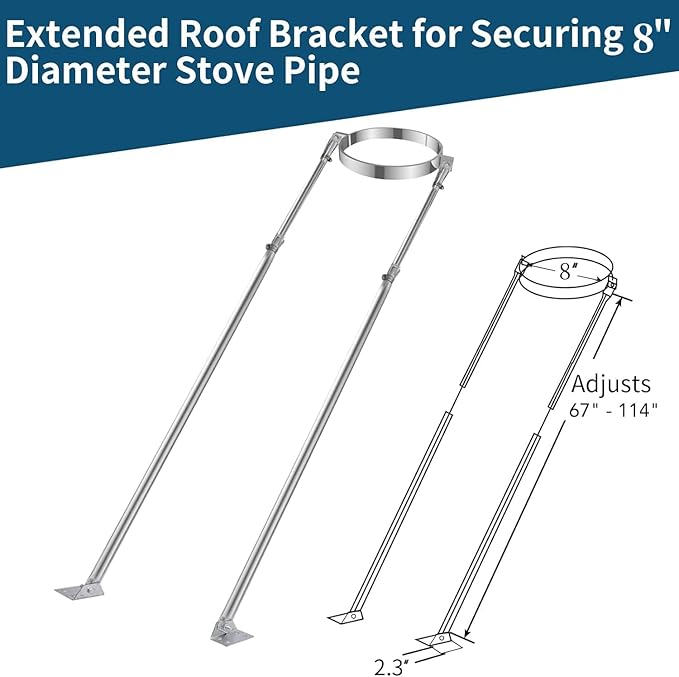 2025 Update 8" Extended Roof Bracket Kit, Adjustable Extended Roof Brace for Securing 8" Diameter Stove Pipe, Providing Stability to The Chimney Against Wind and Snow