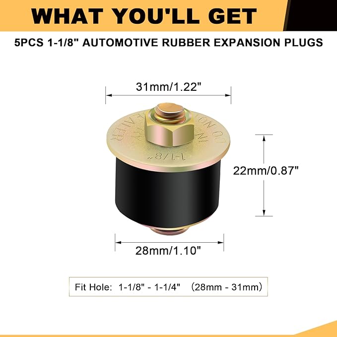 Siptenk 1-1/8" Freeze Rubber Expansion Plug 5 pcs, Automotive Rubber Expandable Freeze Plugs for Engine