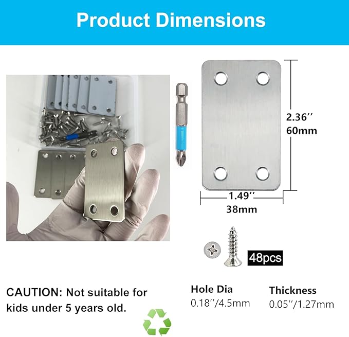 QSJ 12 Pack Flat Mending Plate, Metal Bracket, Stainless Steel Brace 2.36 x 1.49'', Fixing Joining Plate for Wood with 48PCS Screws, 1x Screwdriver., Black, QSJ-03