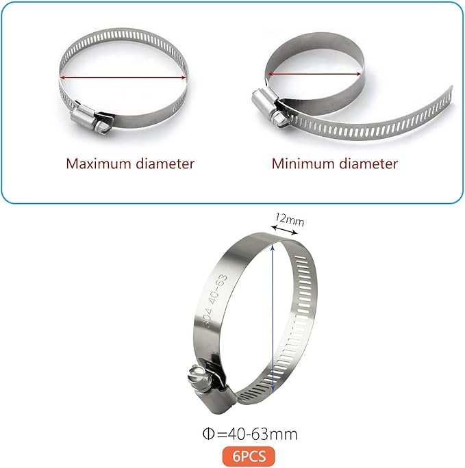 Hose Clamp, 2 Inch Stainless Steel Worm Gear fuel line clamps for Water Pipe, Automotive and Mechanical Application, 40-63mm (10 Pack)
