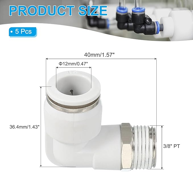 PATIKIL Push to Connect Fitting, 5 Pack Pneumatic Air Elbow Quick Connector 3/8"PT Male Thread x 12mm Tube 90 Degree Connect Tubing Elbow Air Tube Fitting Pneumatic Quick Adapter, White