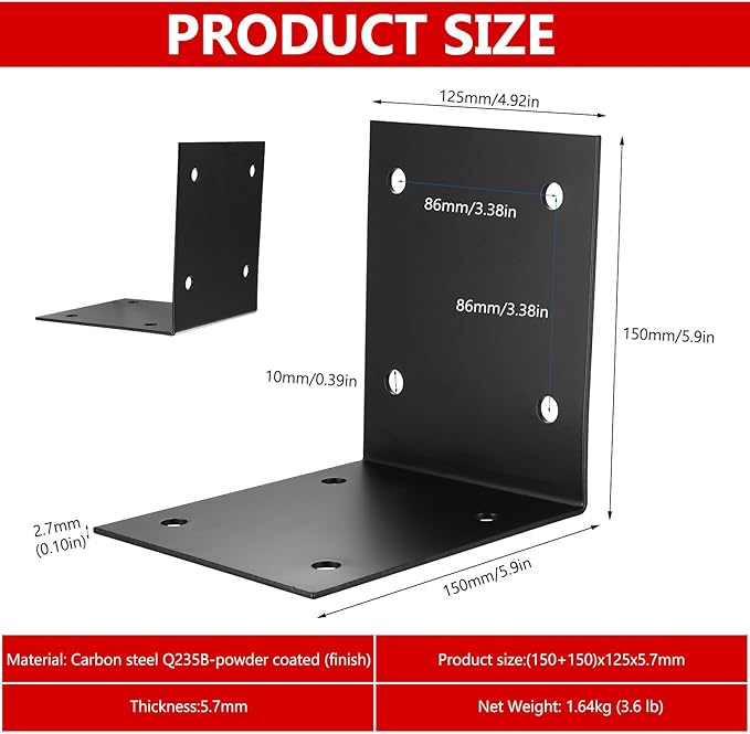 2 Pcs Metal Angle Brackets for Wood, Black Corner Brace Heavy Duty L Brackets, 90 Degree Bracket, Shelf Support Corner Bracket for Wood Furniture Shelves Cabinets, DIY Projects(6x6x5 in)