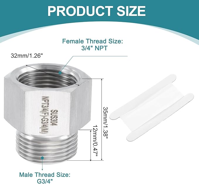 uxcell Pipe Fitting Reducing Adapter, G3/4" Male x 3/4" NPT Female 304 Stainless Steel Reducer Connector for Water Oil Air Pressure Gauge, Silver