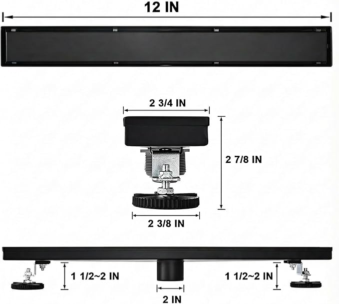 Linear Shower Floor Drain, Black 12 Inch 304 Stainless Steel Bathroom Drains Kit, Rectangular Shower Trench Drain with Reversable Tile-in Pattern Drain Cover & Hair Catcher