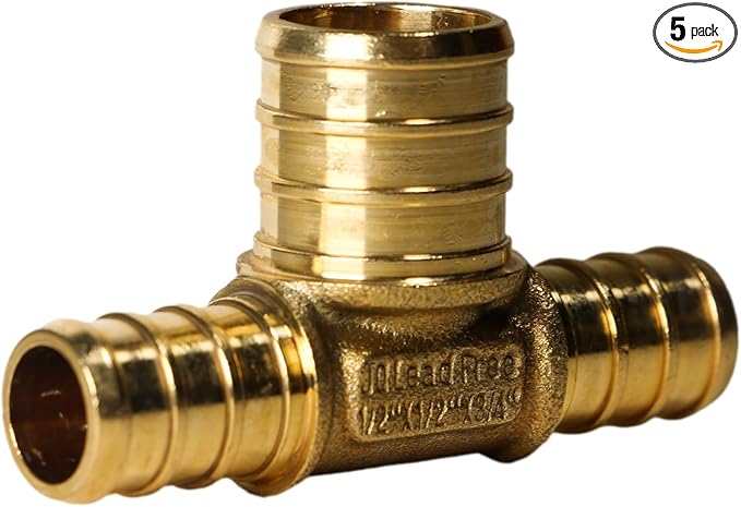 XFITTING 1/2 inch x 1/2 inch x 3/4 inch Pex Tee, Pex B Reducing Tee Crimp Version 25-1-2=5X, 5 Pieces