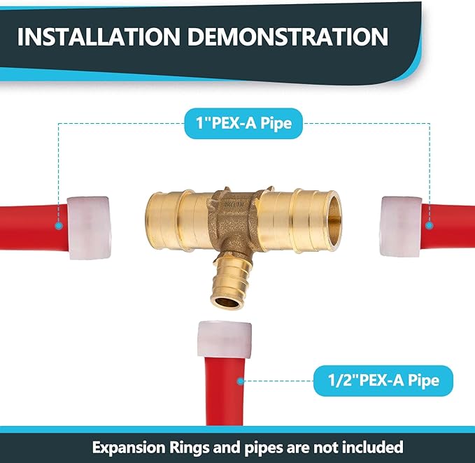 (30-Pack) 1" x 1" x 1/2" PEX-A Brass Tee Fittings, PEX Tubing Pipe Hose Fittings, ASTM F1960