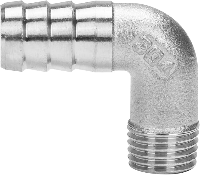 DERNORD 1/2" Hose Barb x 1/4" Male NPT Stainless Steel 90 Degree Elbow- Home Brew Pipe Fitting