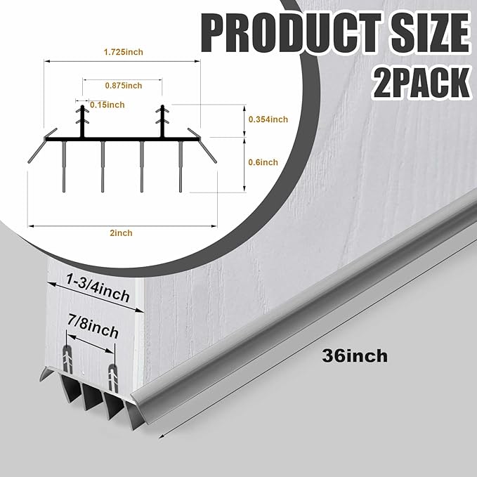 Replacement Door Bottom with Vinyl Fins 36" Long 1 3/4" Wide Threshold Seal Bottom of Door Weatherstrip Kerf Weather Stripping for 7/8" Between Barbs(2 Pcs,Grey)