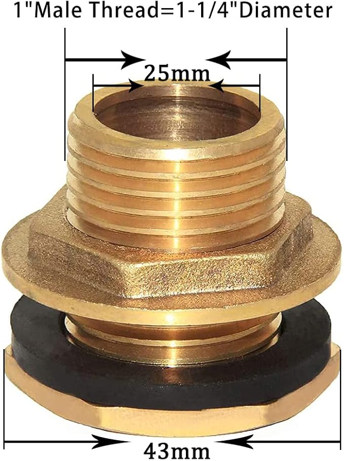 Joywayus 1" Male And No Female Inside Soild Brass Water Tank Connector Bulkhead Tank Fitting With Rubber Ring Stablizing