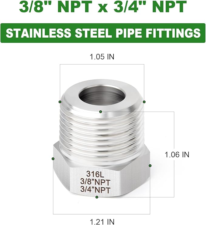 TAISHER 5PCS Forging of 316L Stainless Steel Reducer Hex Bushing, 3/4" Male NPT to 3/8" Female NPT, Reducing Forging Pipe Adapter Fitting