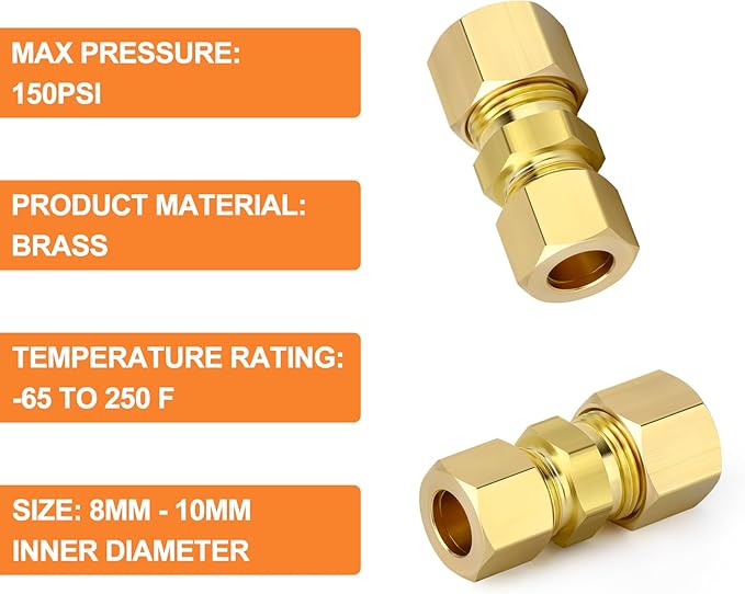 GASHER 10PCS Brass Compression Tube Pipe Fitting Connector, 8mmx10mm Tube OD Connector