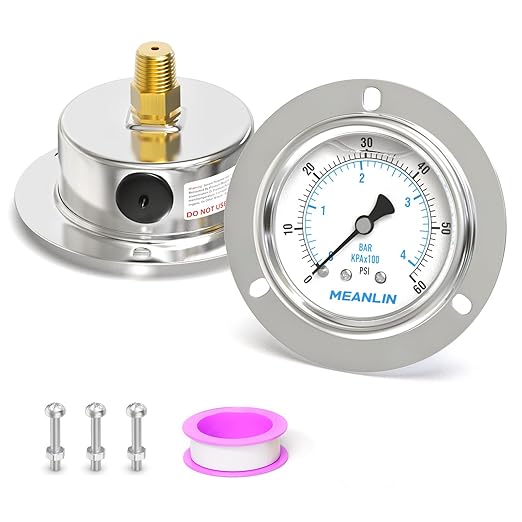 MEANLIN MEASURE 0~60Psi Liquid Filled Pressure Gauge Front Flange Panel Mount, 1/4" NPT 2.5" FACE DIAL Stainless Steel Case with Phillips Screw and Nut, +/-3-2-3%