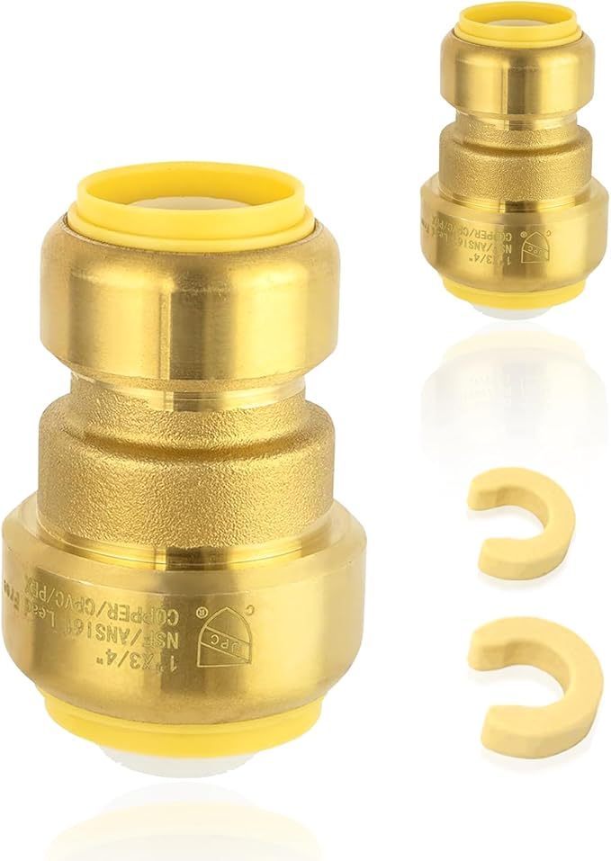 40-Pack HeSun Pushfit Coupling, 1"x3/4" Push to Connect Plumbing Fittings with Disconnect Clip, Brass Push-fit Fittings for PEX, Copper, CPVC, PE-RT Pipes(PF144-40)