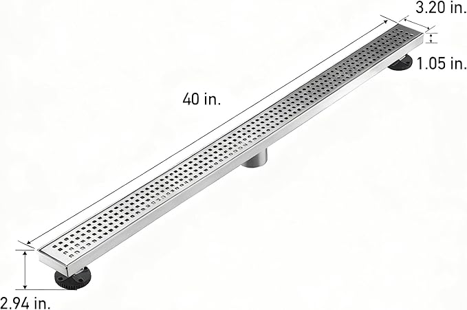 Linear Shower Floor Drain, Brushed Nickel 40 Inch 304 Stainless Steel Bathroom Drains Kit, Long Rectangular Shower Trench Drain with Square Pattern Drain Cover & Hair Catcher