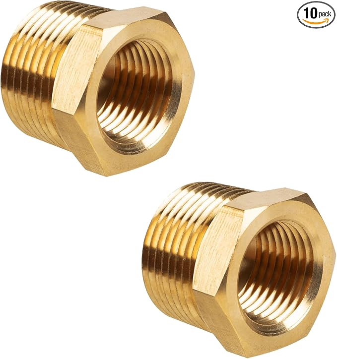 10 PCS Brass Reducer Hex Bushing Threaded Pipe Fitting 1/2" NPT Male x 1/4" NPT Heavy Duty Brass Fitting Pipe Hose Tube Adapter Convert