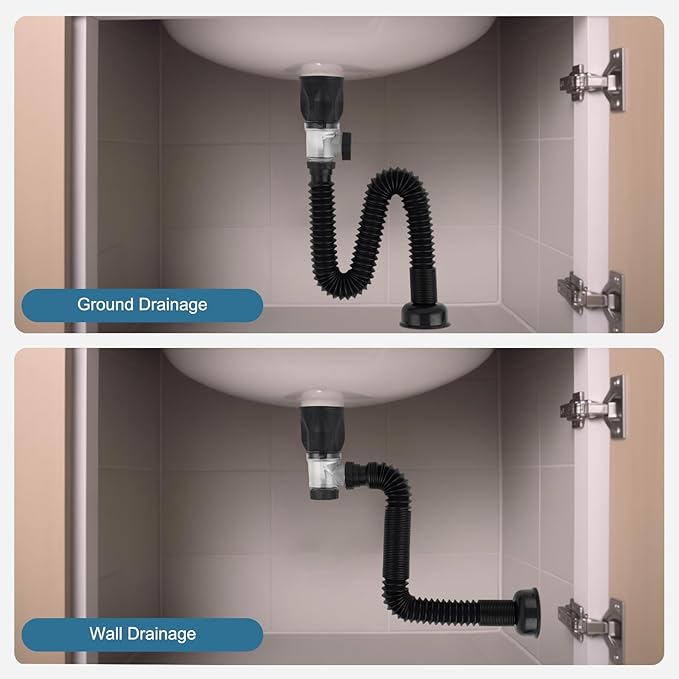 iFealClear Bathroom Sink Drain Kit, Flexible P-Trap Drain Pipe with Pop Up Stopper, Sink Pipe Replacement with 2 Adapters, Fits 1-1/4'', 1-1/2'', 2" Holes, Large Cover Cap, Brushed Nickel