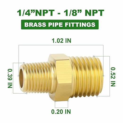 TAISHER 10PCS Brass Pipe Fitting, Reducer Adapter, Hex Nipple, 1/4-Inch Male Pipe x 1/8-Inch Male Pipe