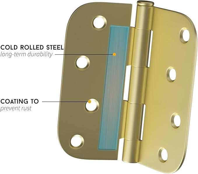 goldenwarm 6 Pack Satin Brass Residential Heavy Duty Iron Door Hinges, 4 Inch x 4 Inch Interior and Exterior Gold Door Hinges with 5/8" Radius Corners