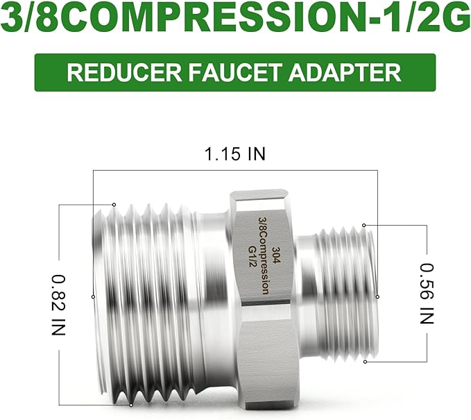 TAISHER 2PCS 304 Stainless Steel Reducer Faucet Adapter 1/2" G Thread (BSP) × 3/8" Compression Pipe Fitting for RV kitchen bathroom faucet supply line adapter with rubber gasket