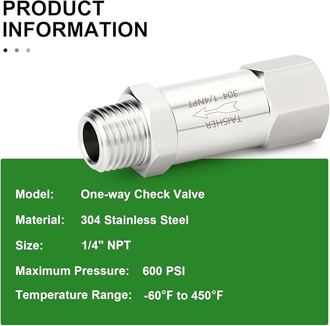TAISHER 1PCS 304 Stainless Steel 1/4" NPT Male x 1/4" NPT Female Check Valve,Backflow Prevention,One Way Non-Return Check Valves
