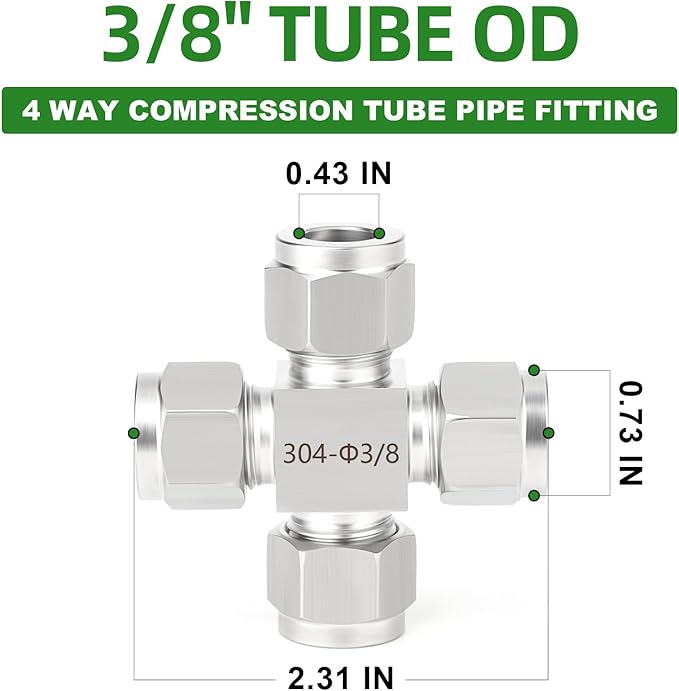 TAISHER 1PCS 304 Stainless Steel 4 Way Compression Tube Pipe Fitting Connector, 3/8" x 3/8" x 3/8" x 3/8" Tube OD Adapter