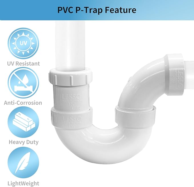 LESSO PVC Pipe, Adjustable P Trap 1 1/2 Inch, PVC Fitting for RV Drain Bathroom Kitchen Sink Drain Pipe Tubular Kit with White Threaded Adapter Ring