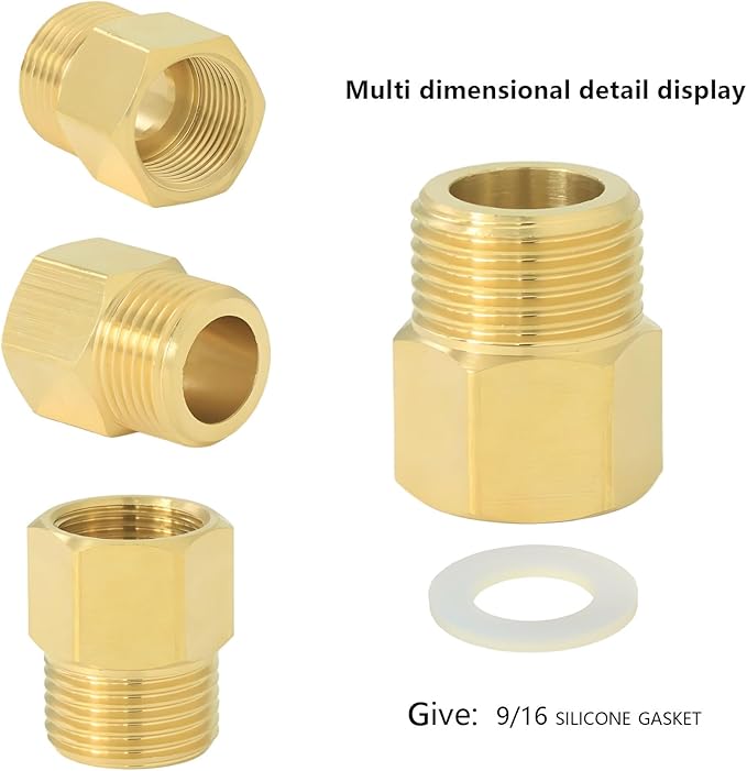 9/16" Female Thread × 3/8" Male Thread Extension Adapter, British-to-US Standard Brass Adapter Fitting. For angle valves, kitchen faucets, RV water pipe joints, radiator valves. 2PCS