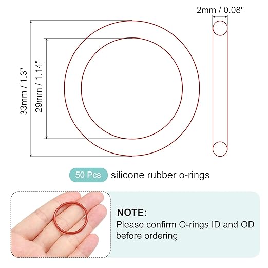 MECCANIXITY Silicone O-Ring 29mm ID 33mm OD 2mm Width Metric VMQ Sealing Gasket Replacement 50A Durometer for Plumbing Compressor Faucets Valves Repair (Red, Pack of 50)
