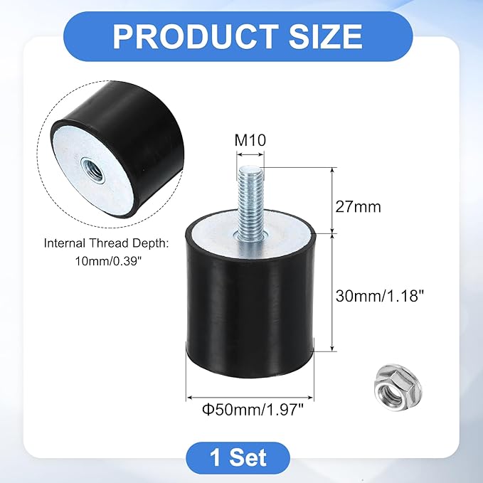 uxcell M10 Rubber Mounts, 1Pcs 50x30mm(DxH) Rubber Cylindrical Anti Vibration Isolator Shock Absorber with Lock Nuts for Car Bobbin Generator Air Compressors