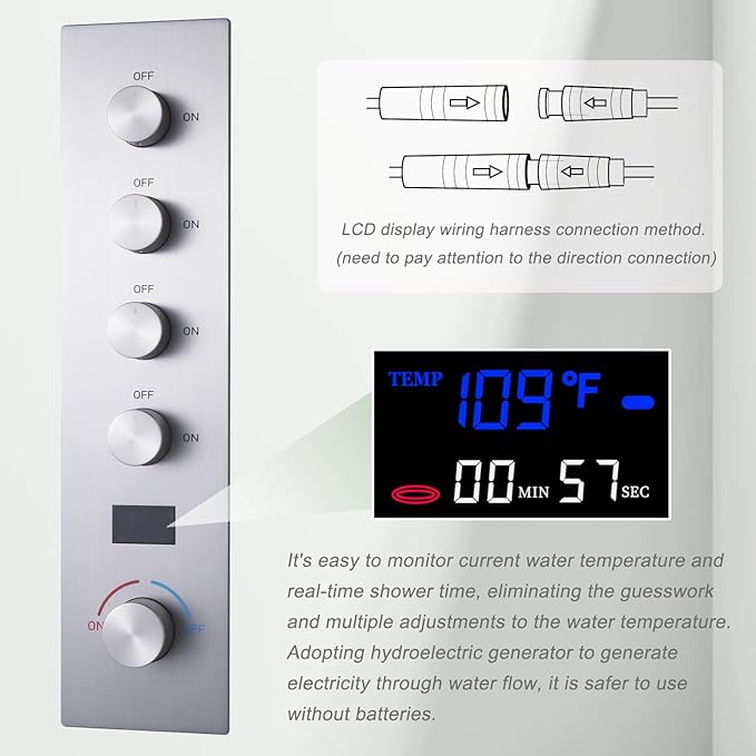 Shower Valve Concealed Shower Mixing Faucet with Temperature Display Function, Flow Control Brass Diverter Valve Kit, 4 Function Can Be Activated Simultaneously, Brushed Nickel