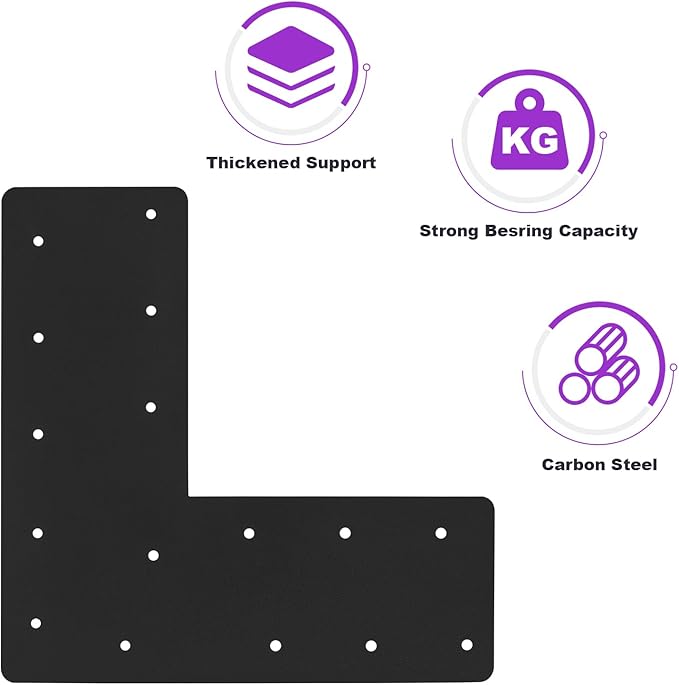 4 Pcs 13.2"x 5"L Shape Flat Bracket, Mending Plate with Black Powder-Coated Right Angle Brackets, Corner Bracket, L Shape Plate Fit 6x6,8x8 for Repair House,Furniture,Pavilion,Truss framing