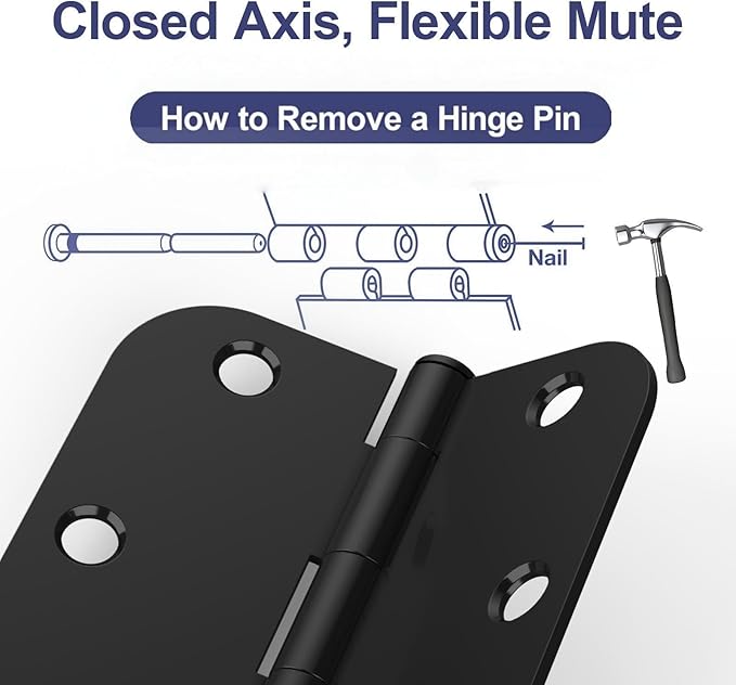 3 Pack Rounded Matte Black Door Hinges, 3.5 x 3.5 Inch Hinges with 5/8" Radius Corners, Durable and No Squeak Hinges, for Home Interior, Exterior Doors and Commercial Use