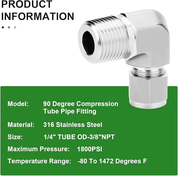 TAISHER 1PCS 316 Stainless Steel 90 Degree Compression Tube Pipe Fitting Connector, 1/4" Tube OD x 3/8" NPT Male Adapter