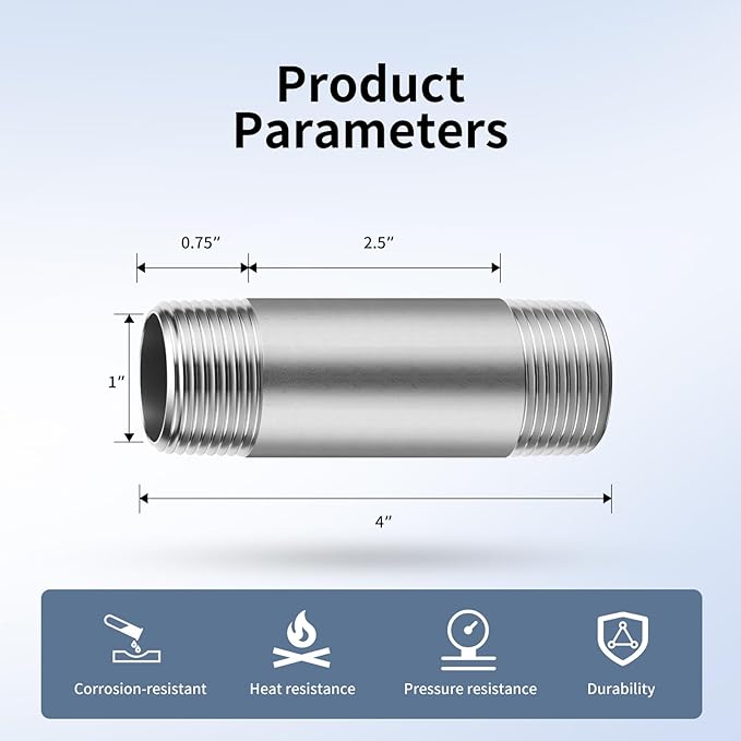 1"x4" 304 Stainless Steel Pipe, 1" NPTx 1" NPT Male Threaded Nipple, SCH40 Heavy Duty Pre-Cut Steel Pipe for Plumbing Gas, Hydraulic, and Industrial Applications(4",6 Piece)