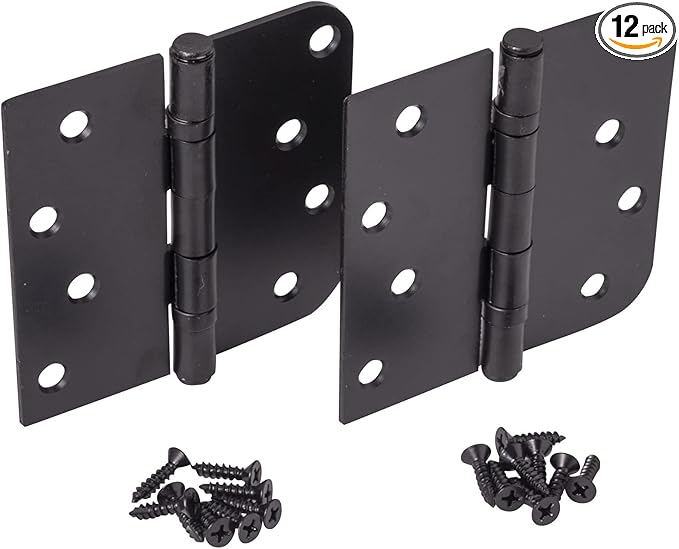 Hinge Outlet 4 Inch with 5/8 Inch Square Radius Ball Bearing Door Hinges, Heavy-Duty Steel, Removable Pin (Black,12 Pack)