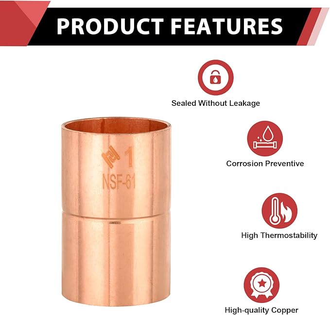 (Pack of 10) EFIELD 1-Inch C X C Copper Coupling With Rolled Stop, LF Copper Plumbing Fittings with Sweat Solder Connection,(COPPER054)