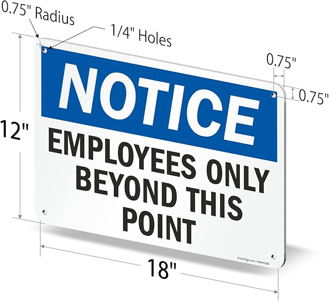 SmartSign 12 x 18 inch “Employees Only Sign, Employees Only Beyond This Point Sign” Sign, Digitally Printed, 55 mil HDPE Plastic, Blue, Black and White, Made in USA