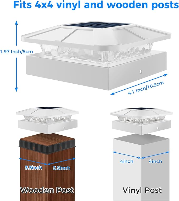 Peasur 4x4 Solar Post Cap Lights Outdoor with 3 Modes, 2 Packs White Fence Light Solar Powered Waterproof for 3.5×3.5/4x4 Wood/Vinyl Posts for Deck Yard Garden Patio Outside