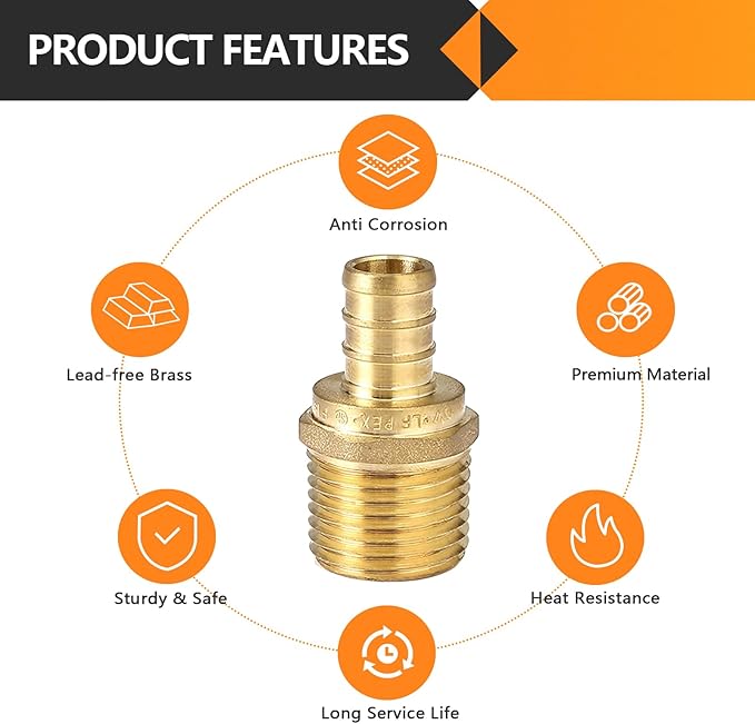 100-Pack HeSun PEX Fittings, 1/2" PEX x 1/2" Male NPT, 1/2 Inch Brass Crimp Male Adapter Fitting, ASTM F1807(PEX1807017-100)